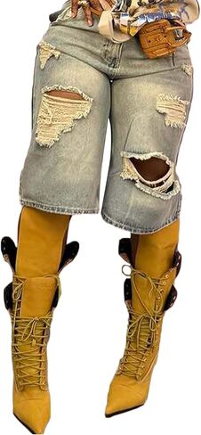 LETSVDO Womens Baggy Ripped Denim Shorts High Waist Straight Wide Leg Distressed Y2k Casual Bermuda Cargo Jean Shorts in Kuwait