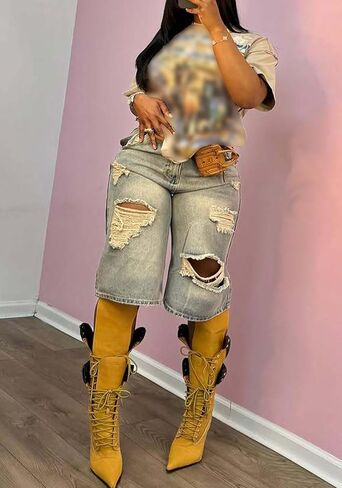 LETSVDO Womens Baggy Ripped Denim Shorts High Waist Straight Wide Leg Distressed Y2k Casual Bermuda Cargo Jean Shorts in Kuwait