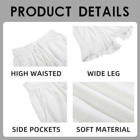 Womens Linen Shorts Summer Casual High Wasited Ruffle Wide Leg Drawstring Beach Loose Shorts in Kuwait