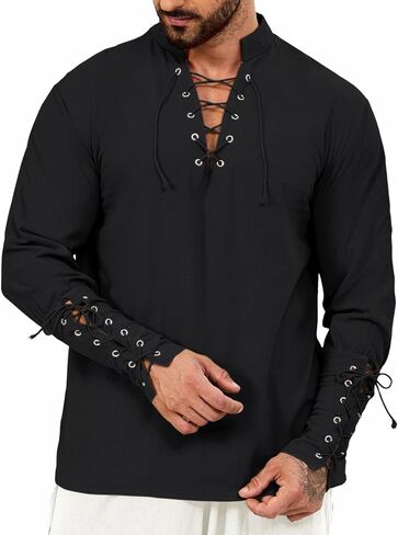 Mens Shirts Pirate Costume, Long Sleeve Tops Viking Cosplay Renaissance Medieval T-Shirts Gothic Cotton Outfits in Saudi Arabia