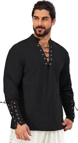 Mens Shirts Pirate Costume, Long Sleeve Tops Viking Cosplay Renaissance Medieval T-Shirts Gothic Cotton Outfits in Saudi Arabia