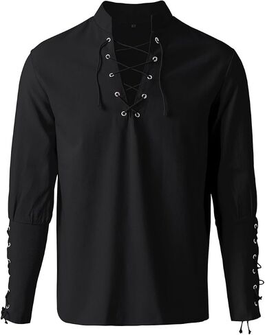 Mens Shirts Pirate Costume, Long Sleeve Tops Viking Cosplay Renaissance Medieval T-Shirts Gothic Cotton Outfits in Saudi Arabia