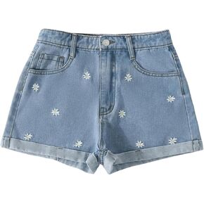 تطريز Wdirara Girl Floral Floral Shorts High Pherced Roll End Hem Jean Shorts
