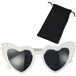 White heart-shaped sunglasses with a free black glasses storage bag, retro pearl heart-shaped, bachelor party gift (white frame with gray film)