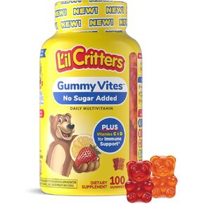 L’Il Critters Gummy Vites No Sugar إضافة يوميات Multivitamin اليومية للأعمار 2+ من الأطفال الصغار والأطفال ، فيتامين C ، D3 للنكهات المناعية والفراولة والبرتقالية ، 100 Gummies