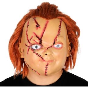 قناع Chucky Halloween مخيف مع الشعر - ندبات واقعية الدعائم لفيلم بذرة من تشكي Cosplay خوذة (ب)