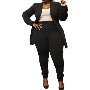 Plus Size Casual Work Pants Suit Set Cropped Jacket Fitted Trousers