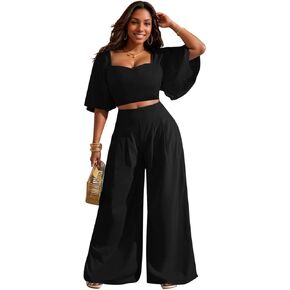 WUSENST Women's Summer 2 Piece Outfits 2025 Ruffle Sleeve Sweetheart Neck Crop Tops Wide Leg Pant Sets Casual Tracksuit