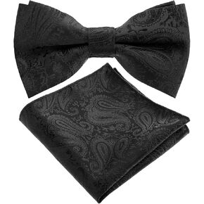 Mens Paisley Black Bow Tie Set,Adjustable Pre-tied Bow Ties and Pocket Square Handkerchief for Wedding Party Classic
