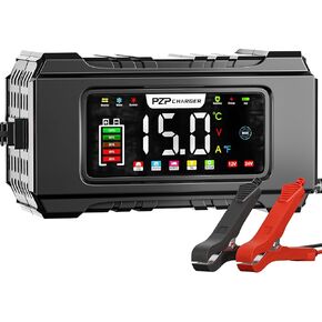 PZP 15-Amp 12V/24V Smart Battery Charger, Maintainer & Trickle Charger for LiFePO4, Lead Acid Batteries - Fully Automatic 9-Stage Charging w/Temp Compensation for Motorcycle Car Truck Lawnmower Boat
