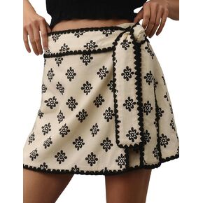 Womens Wrap Skort Printed Skirt Elastic Waist Short Mini Skirts with Side Tie (Beige-XL)