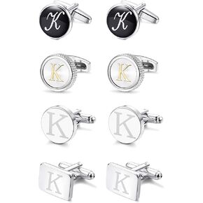 LOYALLOOK 4 Pairs K Letter Shirts Cufflinks, Alphabet Set, Fashion Dazzle Tuxedo Accessories for Men - Elegant Formal Wear for Weddings/Business - Silver/Black/gold