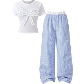 Girl's 2 Piece Outfits Bow T Shirt and Wide Leg Striped Pants Trendy Summer Clothing Sets