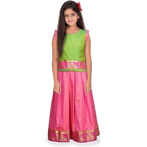 kaatru Thana Girls Pavadai Set D54 - Lehenga Choli - Green & Pink