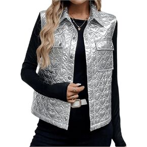 MakeMeChic Women's Metallic Sleeveless Button Down Vest Collared Pocket Jacket