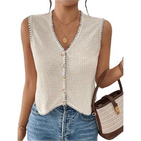 Verdusa Women's Old Money Button Front Vest Contrast Trim V Neck Textured Asymmetrical Waistcoat