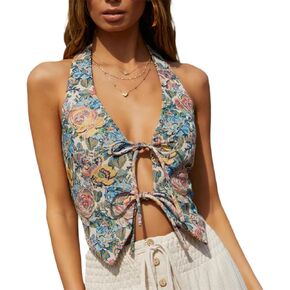 Women Halter Vest Tops Summer Retro Floral Print Tie Front Sleeveless Backless Shirts Vest Boho Beach