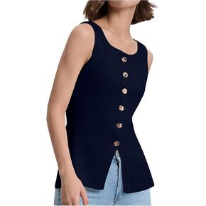 Verdusa Women's Button Front Blazer Rib Knitted Vest Scoop Neck Slit Sleeveless Top