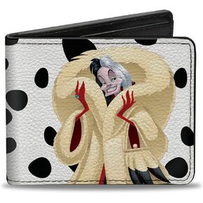 Buckle-Down Men's Disney Wallet, Bifold, de Vil Cream Fur Pose Spots Red Black, Vegan Leather, 101 Dalmatians Cruella, 4.0" x 3.5"