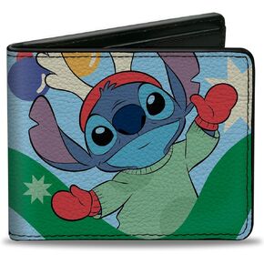 Buckle-Down Disney Wallet, Bifold, Lilo and Stitch Reindeer Stitch 100% Naughty Holiday Blue, Vegan Leather