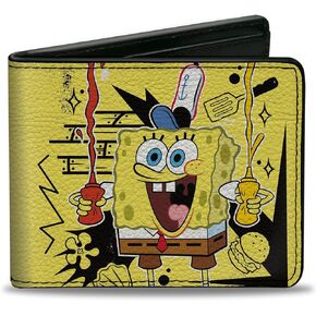 Nickelodeon Wallet, Bifold, SpongeBob Krabby Patty Condiments Pose Yellow Black, Vegan Leather