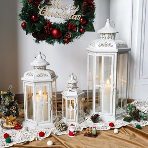 JHY DESIGN Set of 3 Decorative Candle Lanterns 20''&14"&10" H Outdoor Candle Lanterns Vintage Metal Cand leholder for Indoor Outdoor, Events, Parities and Weddings(White with Gold Brush)