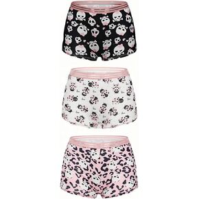 Morvia 3pcs Women Gothic Halloween Skulls Print Contrast Binding Boyshorts Underwear Elastic Waist Intimates Panties