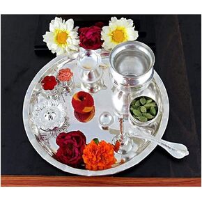 NOBILITY Pooja Thali Set 8 Inch Silver Plated with Accessories for Festival Ethnic Puja Thali for Diwali Home Temple Office Wedding Return Gift Items