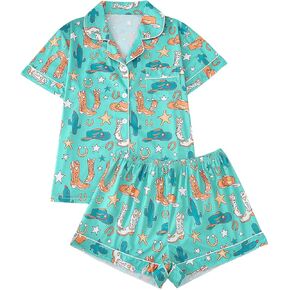 WDIRARA Women's 2 Piece Boots Graphic Pajama Set Pocket Patched Button Down Shirt with Shorts Satin Sleepwear
