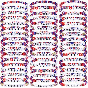 Remuuly 96 Pcs 4th of July Bracelets Bulk Independence Day Clay Bead Bracelets Memorial Day Patriotic Friendship Red White and Blue Stretch