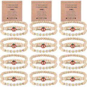 12 Pcs Teacher Appreciation Bracelets Gifts for Women Men Wooden Bead Bracelet with Cards Thank You Teacher Jewelry Gifts Elastic Bead Bracelets
