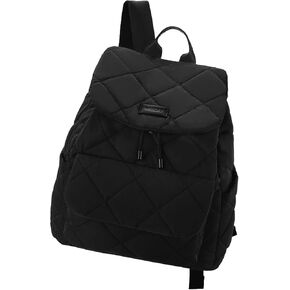 VASCHY Quilted Backpack Purse for Women, Lightweight Casual Puffer Flap Drawstring Backpack for Gym/Work/Travel/Hiking/Diaper Black
