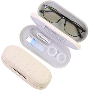 2 in 1 Contact Lens Case and Eyeglasses Case for Women Men Kids, Double Sided Hard Shell Portable Glasses Travel Holder with Built-in Mirror, Contact Lens Box Storage Kit, White