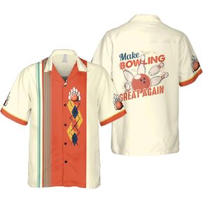 Hawaiian Bowling Shirts Men Vintage Sport Bowler Shirt Make Bowling Great Again Graphic Tee Button Down Short Sleeve Top