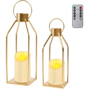 HPC Decor Modern Farmhouse Lantern Decor - 2pcs الفوانيس المعدنية الذهبية مع شمعة مقاومة للماء وتوقيت عن بعد ، وفوانيس زخرفية لغرفة المعيشة ، والمنزل ، والداخلية ، والخارجية ، وديكور المائدة.