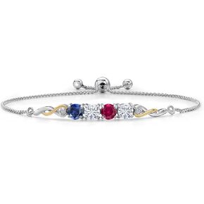 Gem Stone King 925 Silver and 10K Yellow Gold Customized and Personalized Round 5MM 4 Stone Gemstone Birthstone and White Lab Grown Diamond Bracelet For Women Fully Adjustable 9 Inch