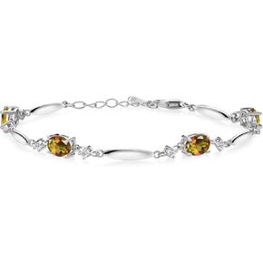 Gem Stone King 925 Sterling Silver Gemstone Birthstone and White Topaz Tennis Bracelet For Women | Oval 7X5MM and 2MM | 6 Inch + 1 Inch Extender | Fine Jewelry for Her Mom Wife