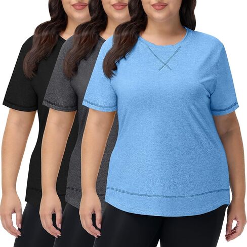 Coume 3 Pack Women's Plus Size Workout Tops Short Sleeve Loose Fit Crew Neck Shirts Quick Dry Gym Clothes in Kuwait
