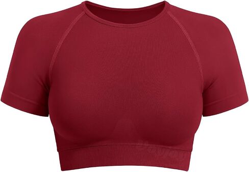 VOYJOY Women Impact Crop Top Raglan Shoulder Cut Seamless Short Sleeves Tops Lightweight Crop Fit Workout Gym Yoga T Shirts in Kuwait