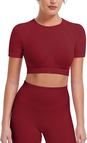 VOYJOY Women Impact Crop Top Raglan Shoulder Cut Seamless Short Sleeves Tops Lightweight Crop Fit Workout Gym Yoga T Shirts in Kuwait