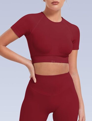 VOYJOY Women Impact Crop Top Raglan Shoulder Cut Seamless Short Sleeves Tops Lightweight Crop Fit Workout Gym Yoga T Shirts in Kuwait