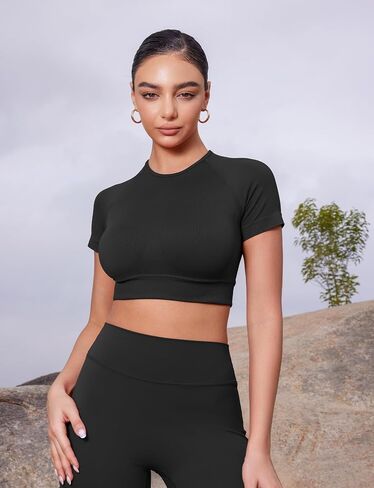 VOYJOY Women Impact Crop Top Raglan Shoulder Cut Seamless Short Sleeves Tops Lightweight Crop Fit Workout Gym Yoga T Shirts in Kuwait