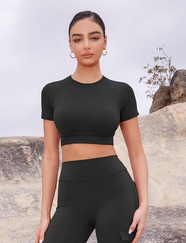 VOYJOY Women Impact Crop Top Raglan Shoulder Cut Seamless Short Sleeves Tops Lightweight Crop Fit Workout Gym Yoga T Shirts in Kuwait