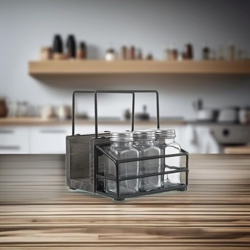 MyGift 4 Piece Set Vintage Gray Solid Wood and Industrial Black Metal Wire Napkin Holder and Spice Rack with 3 Glass Shakers for Salt, Pepper, or Seasonings in Saudi Arabia