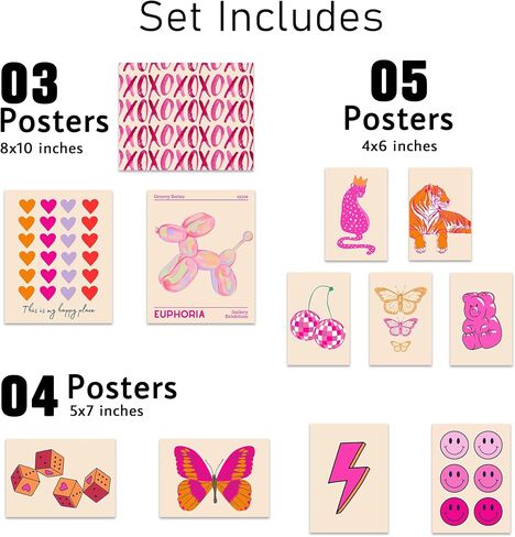 Pink Orange Preppy Room Decor Aesthetic - Trendy Wall Art Posters Prints for Bedroom Dorm Decorations - Cute Preppy Wall Art Pictures (Set of 12, Unframed) in Saudi Arabia