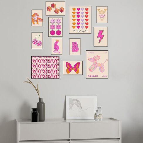 Pink Orange Preppy Room Decor Aesthetic - Trendy Wall Art Posters Prints for Bedroom Dorm Decorations - Cute Preppy Wall Art Pictures (Set of 12, Unframed) in Saudi Arabia