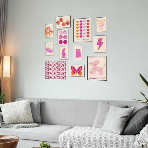 Pink Orange Preppy Room Decor Aesthetic - Trendy Wall Art Posters Prints for Bedroom Dorm Decorations - Cute Preppy Wall Art Pictures (Set of 12, Unframed) in Saudi Arabia