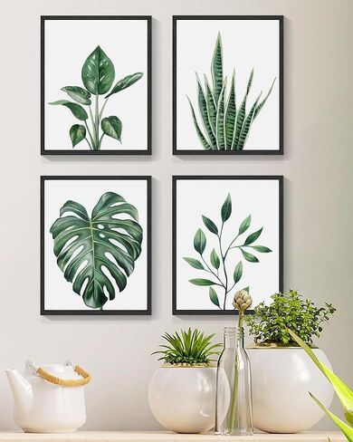 Drsoum Botanical Canvas Framed Wall Art Watercolor Green Leaf Tropical Plant Art Prints Boho Decor for Bedroom Bathroom Kitchen Home Office Decorations 8"x 10"x 4pcs in Kuwait