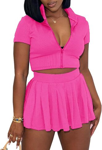 LAJIOJIO Women's Casual 2 Piece Skirt Outfits,Solid Color Short Sleeve Cropped Top and Mini Pleated Skirt Sets in Kuwait