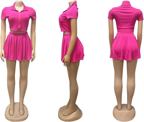 LAJIOJIO Women's Casual 2 Piece Skirt Outfits,Solid Color Short Sleeve Cropped Top and Mini Pleated Skirt Sets in Kuwait